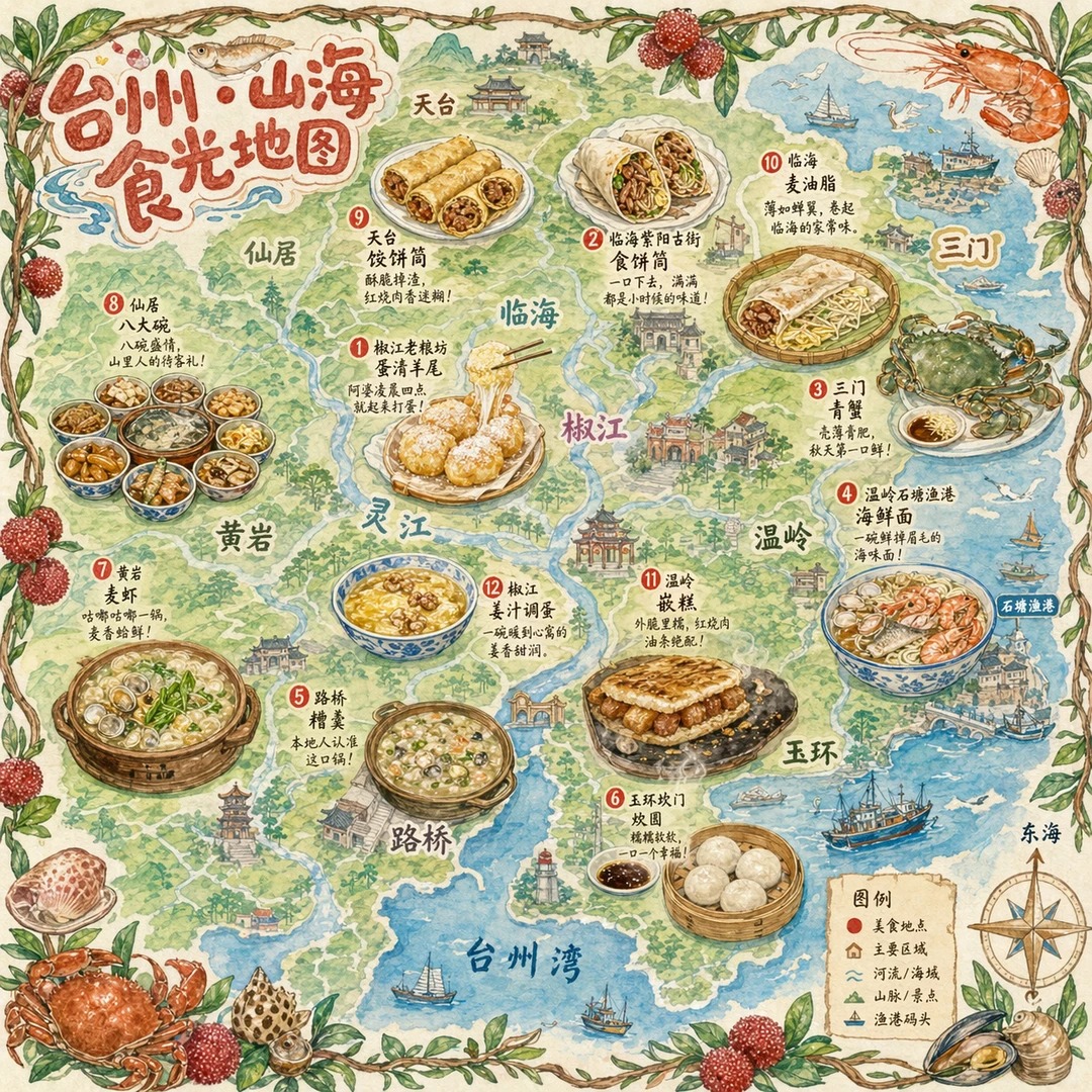 一张手绘风格的城市美食地图，以台州为主题 - AI生成效果图