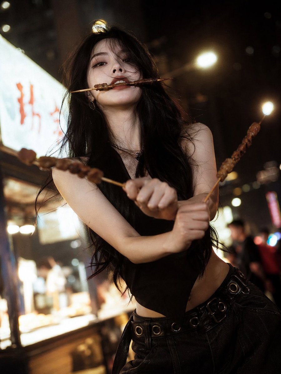 清冷佳人夜市烧烤三刀流 - AI生成效果图