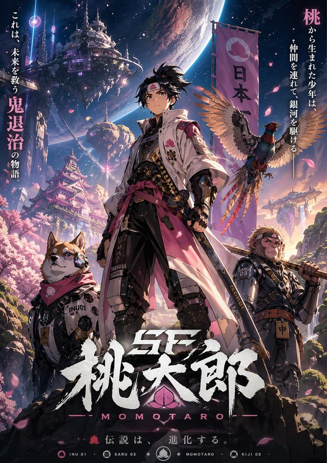 赛博科幻桃太郎主视觉图 - AI生成效果图