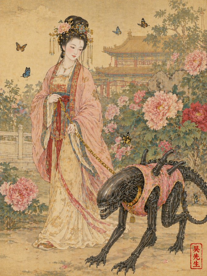 唐朝贵妇遛粉色马甲异形工笔画 - AI生成效果图