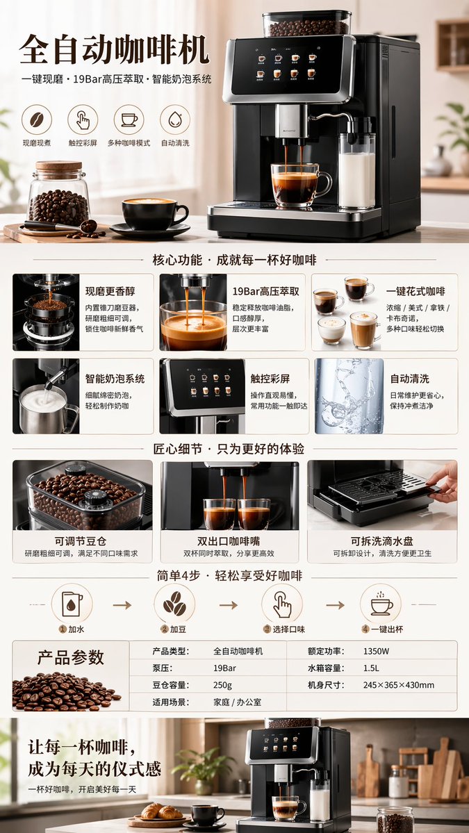 全自动咖啡机产品展示 - AI生成效果图