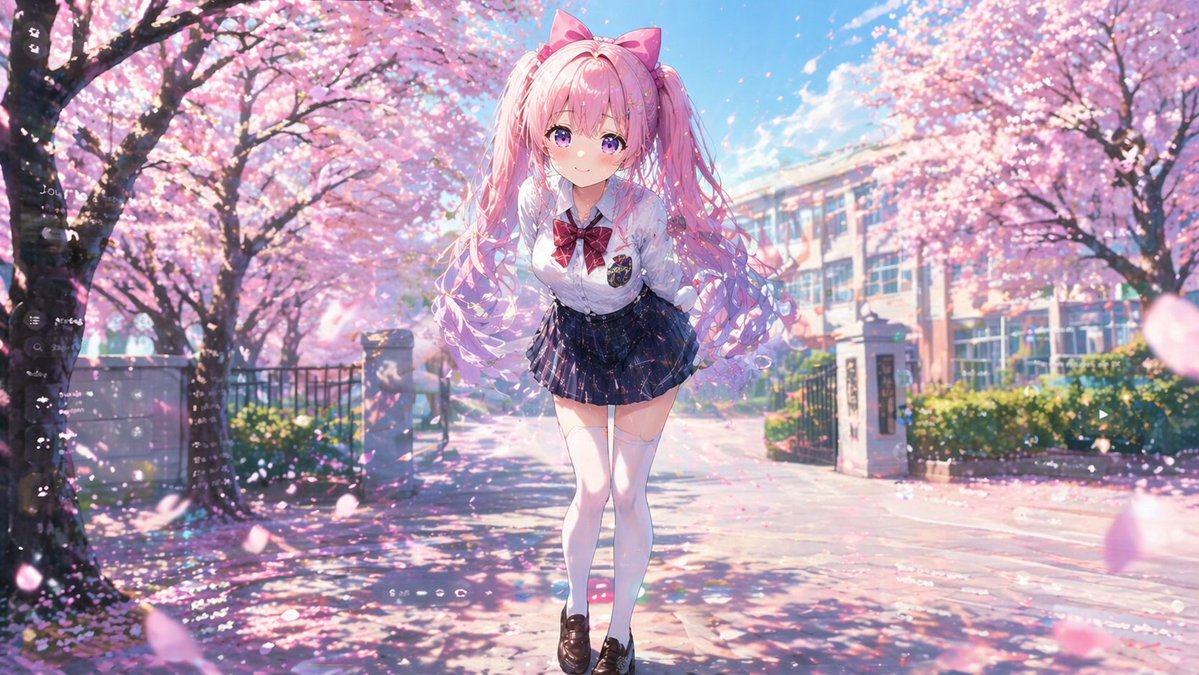 樱花树下害羞双马尾少女 - AI生成效果图