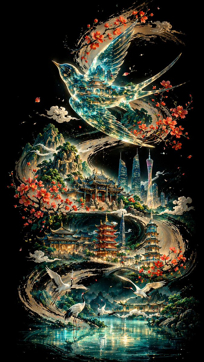 琉璃透明画眉鸟飞舞羊城墨卷 - AI生成效果图