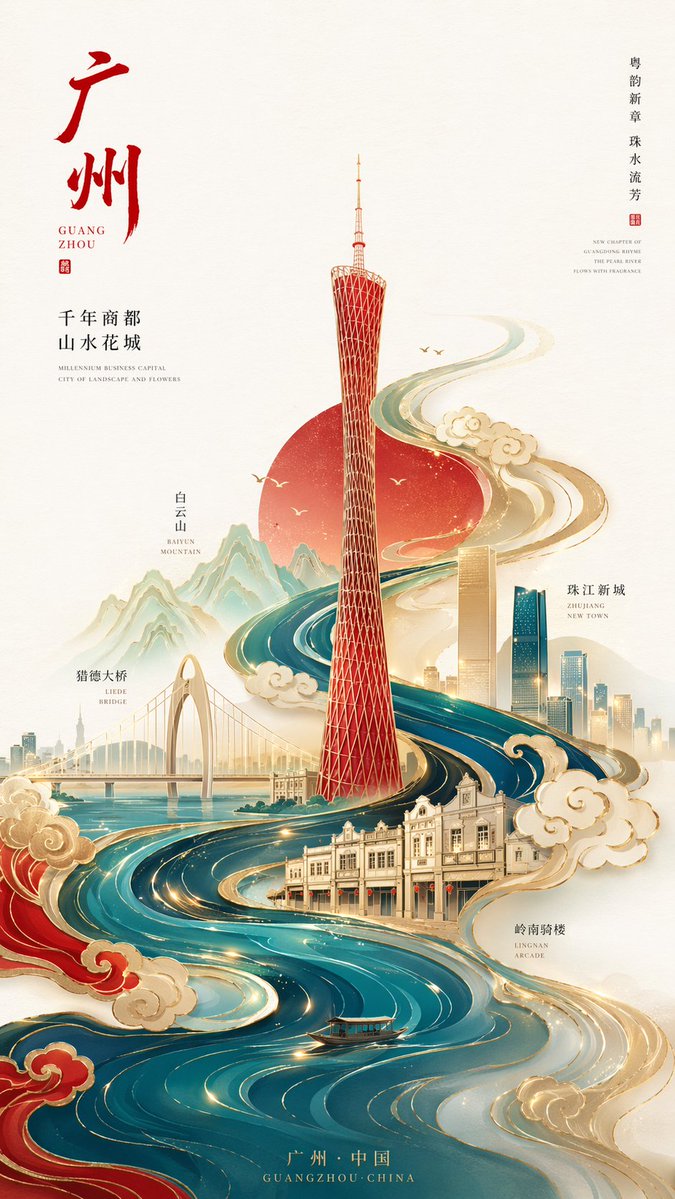 极简国潮鎏金广州塔海报 - AI生成效果图