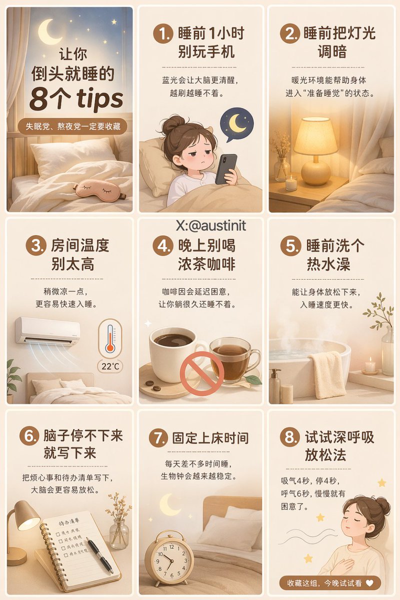 治愈系助眠指南九宫格 - AI生成效果图