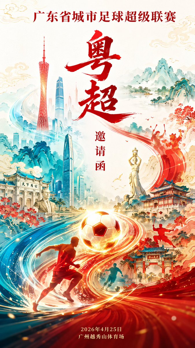 粤超联赛国潮风邀请函海报 - AI生成效果图