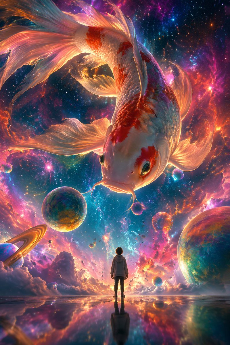 星云巨鲤与小人的奇幻对话 - AI生成效果图