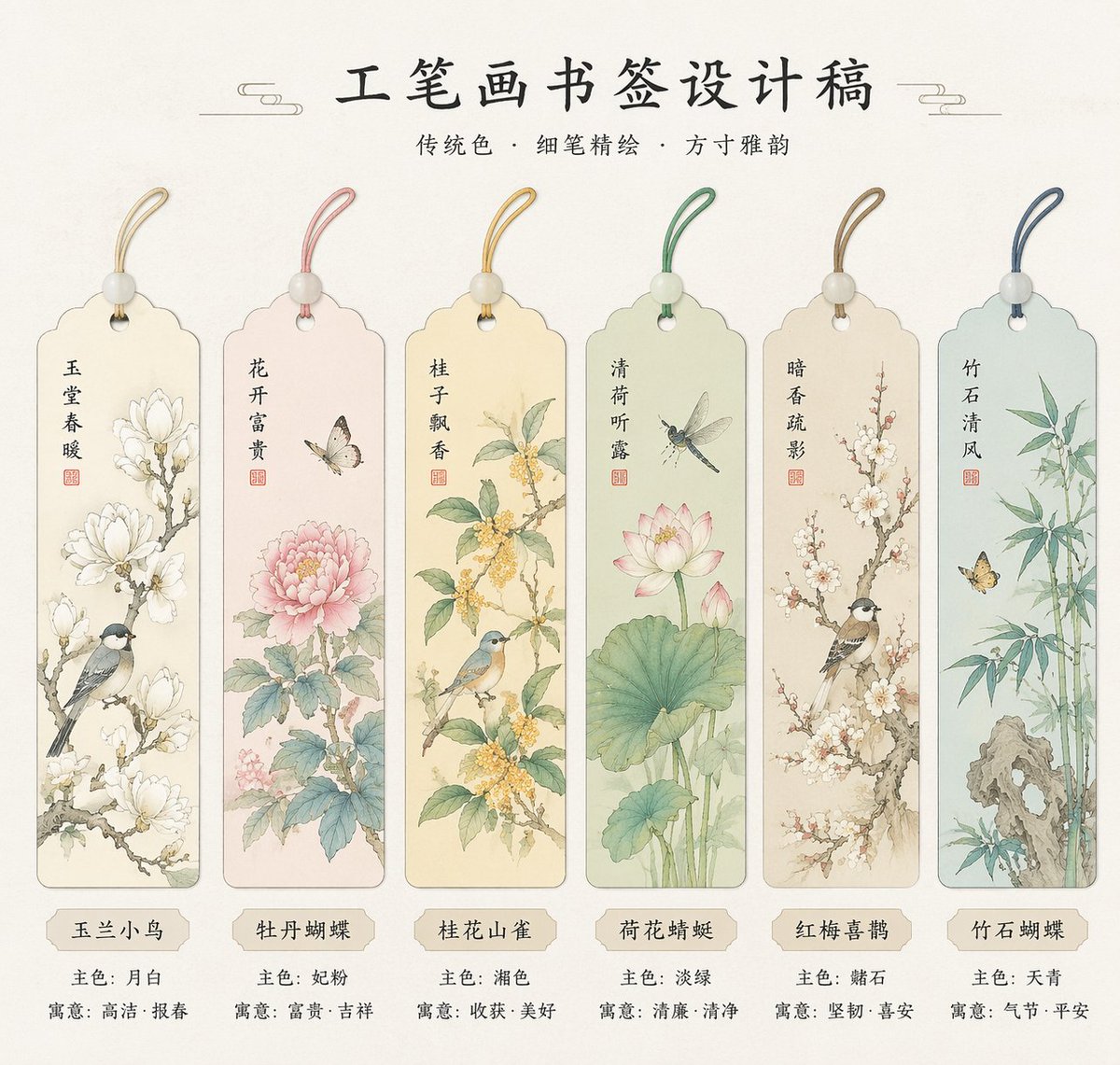 绝美国风工笔画书签设计 - AI生成效果图