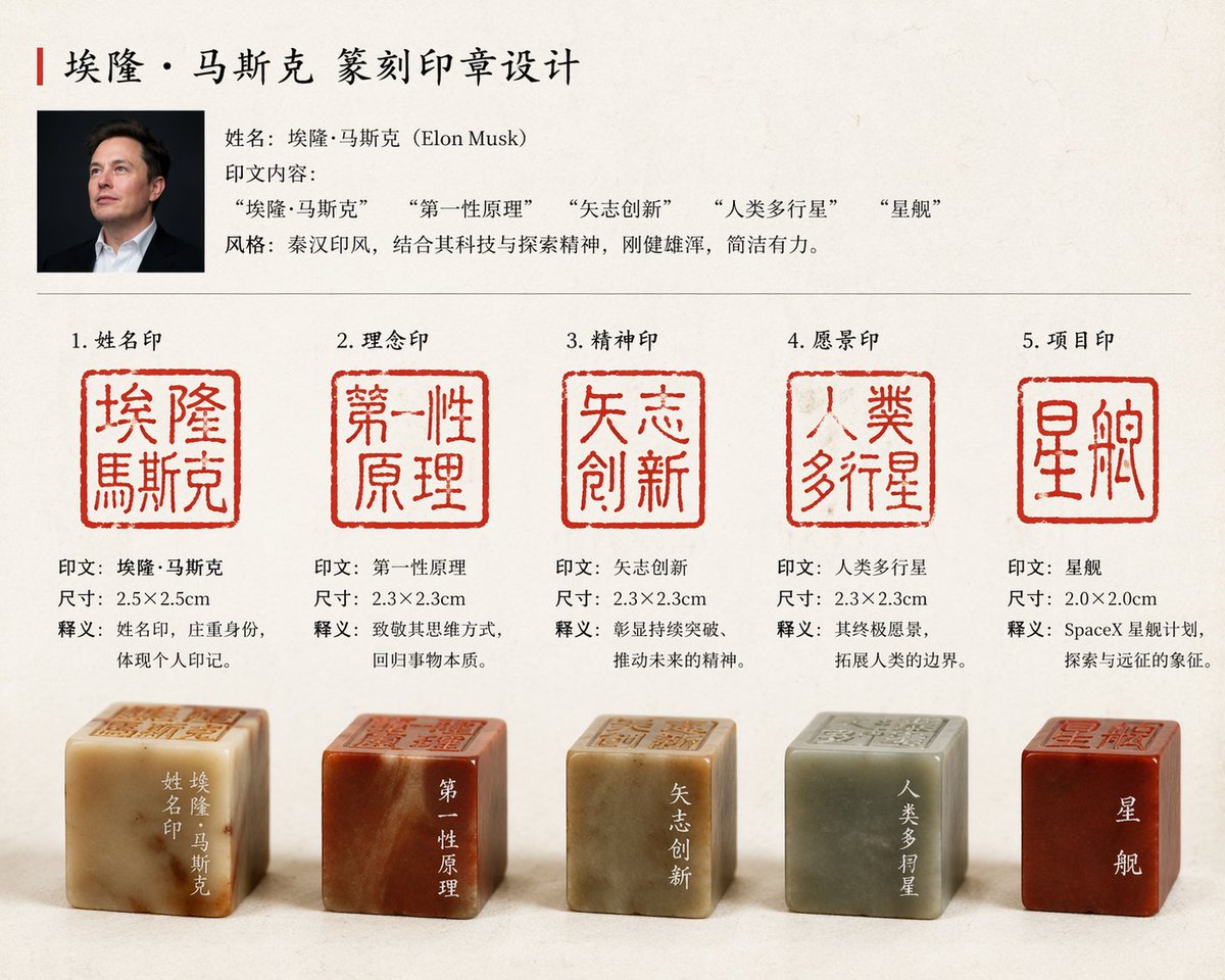 马斯克专属篆刻印章设计 - AI生成效果图