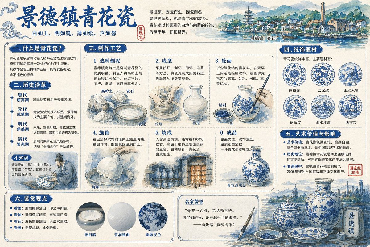 景德镇青花瓷全景解说图谱 - AI生成效果图