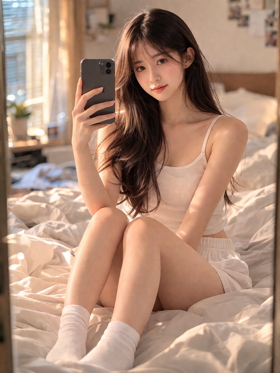 温馨卧室里的少女自拍 - AI生成效果图