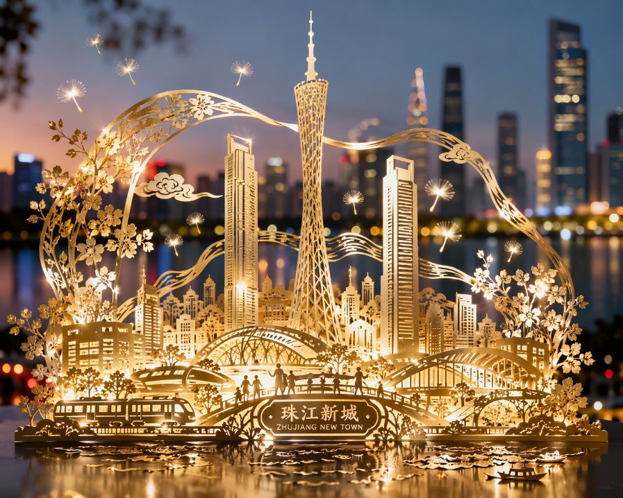 珠江新城剪纸璀璨夜景 - AI生成效果图