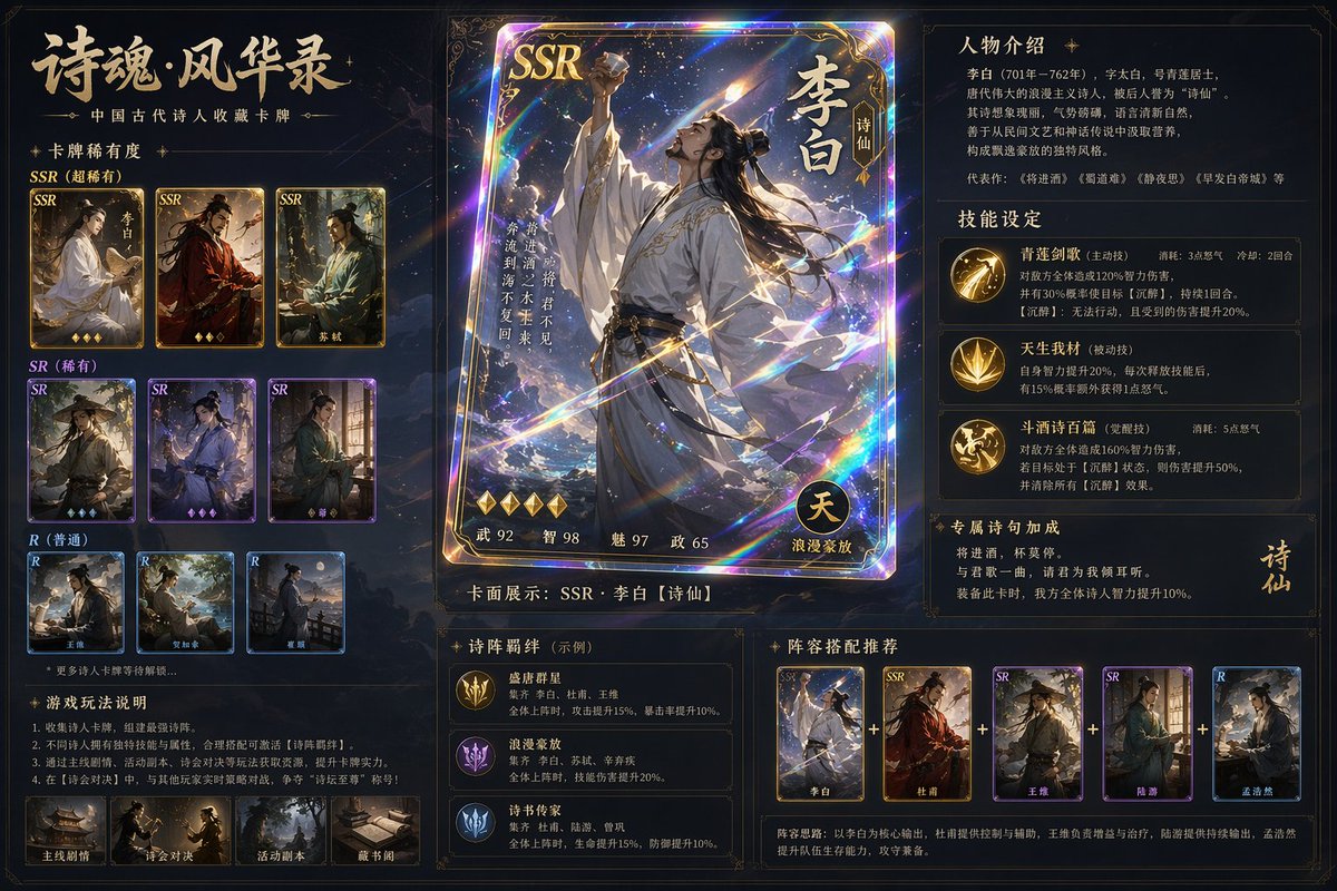 古风诗人镭射典藏卡牌 - AI生成效果图