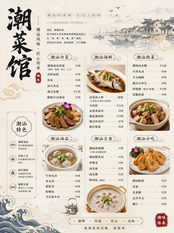 精美潮汕菜馆菜单图 - AI生成效果图