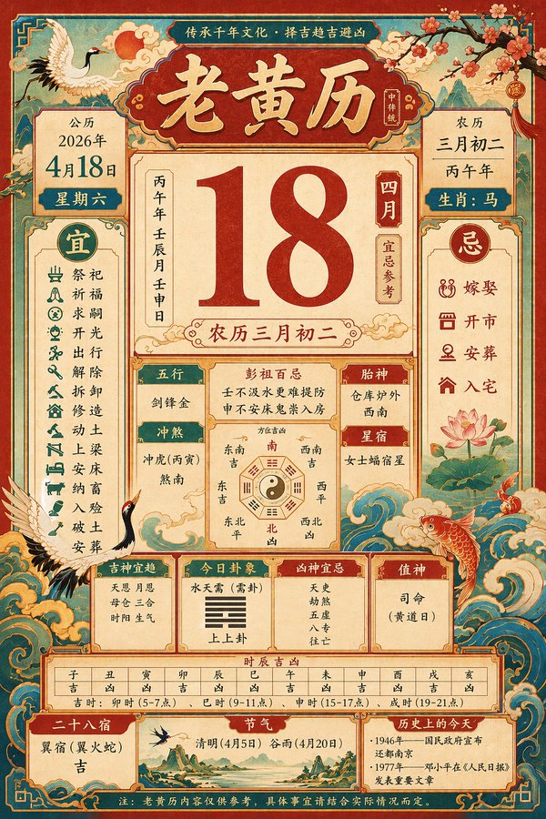 复古传统老黄历二零二六年四月十八 - AI生成效果图