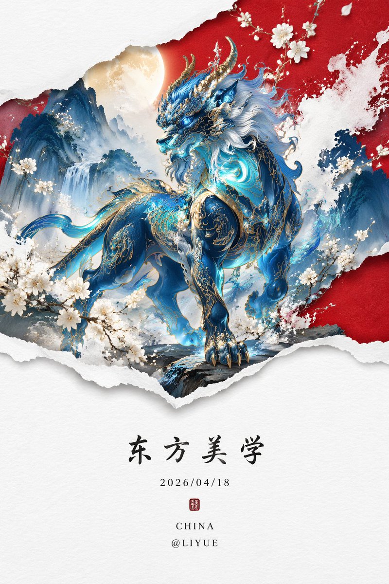 荧光蓝穷奇新中式山水画 - AI生成效果图