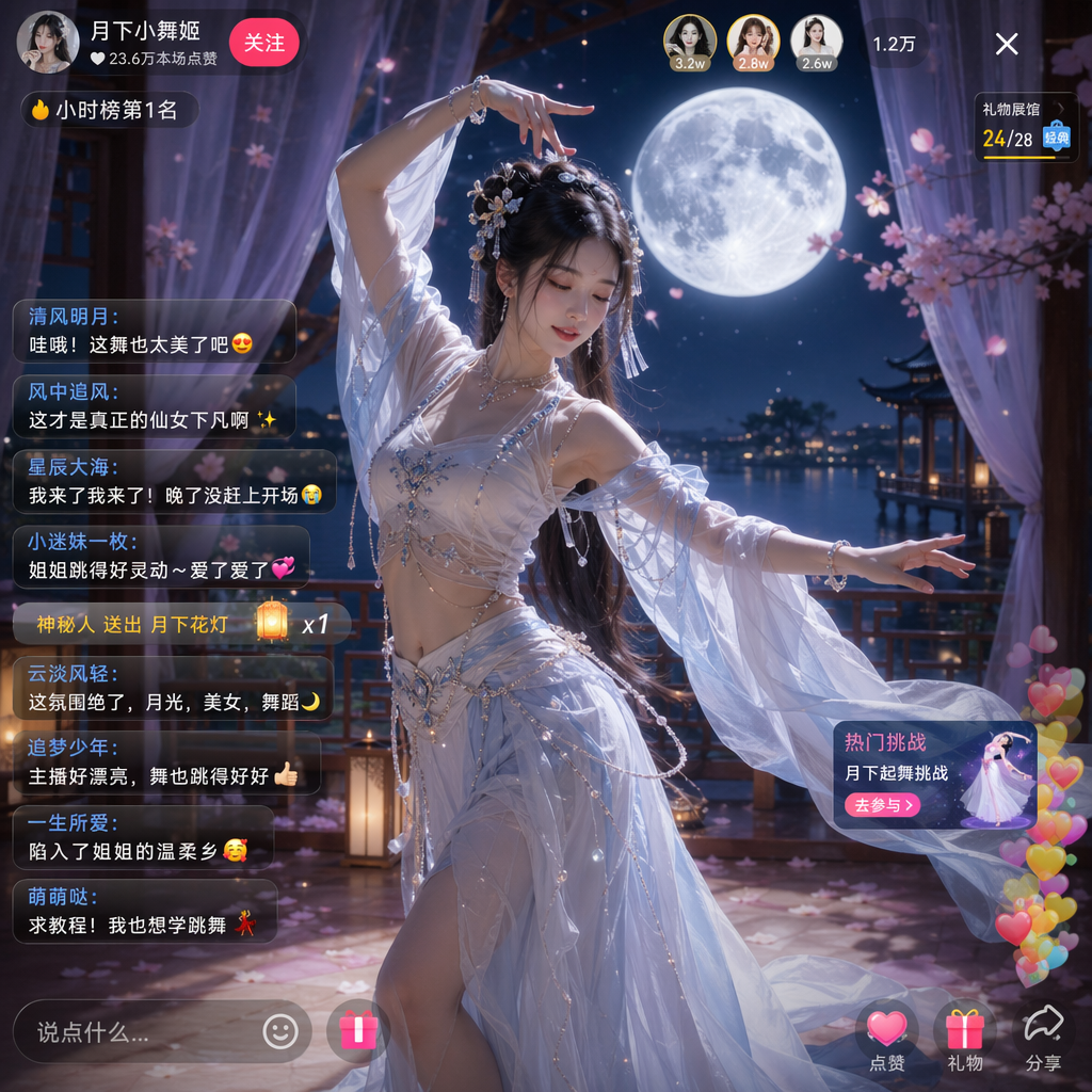 月下美女直播画面 - AI生成效果图