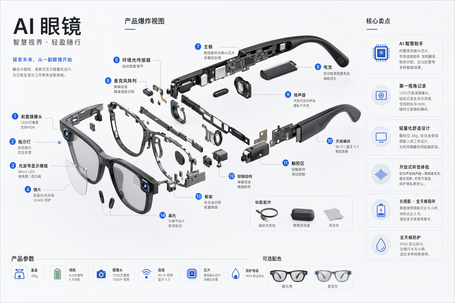 AI 眼镜爆炸拆解图 - AI生成效果图