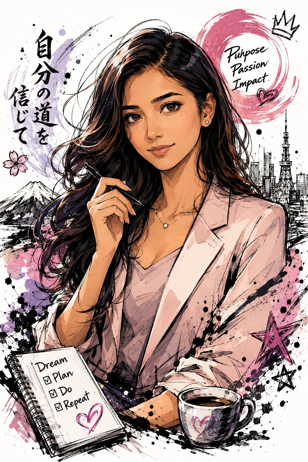 日系手绘涂鸦半身插画 - AI生成效果图