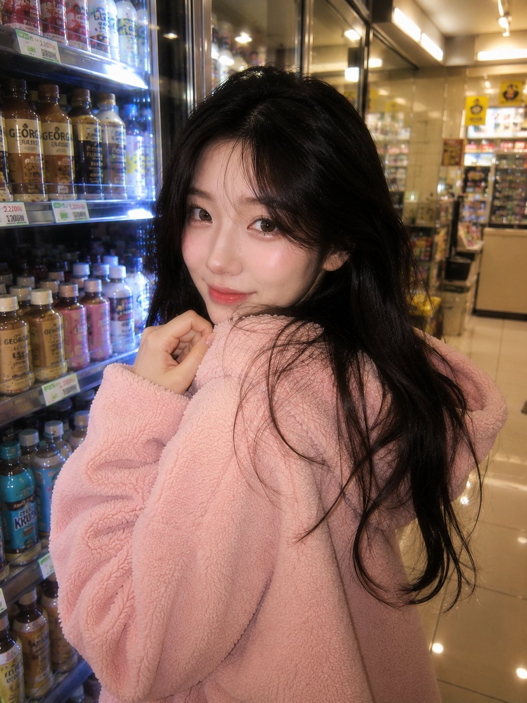韩国便利店粉色 Hoodie 人像 - AI生成效果图