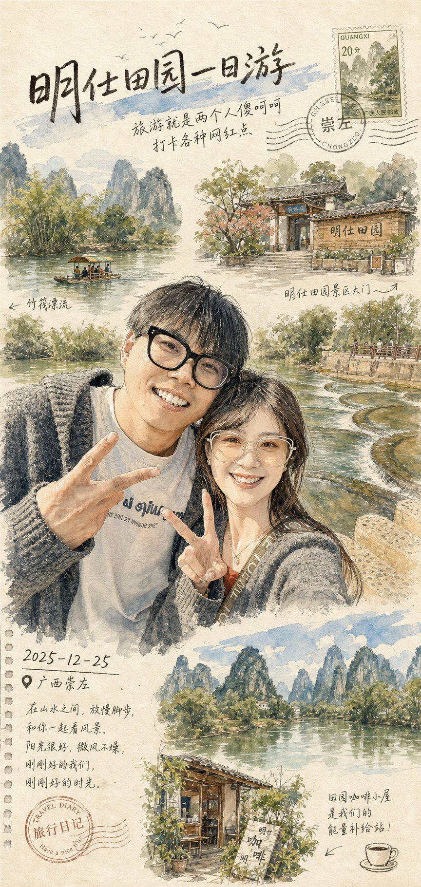 旅游照水墨明信片 - AI生成效果图