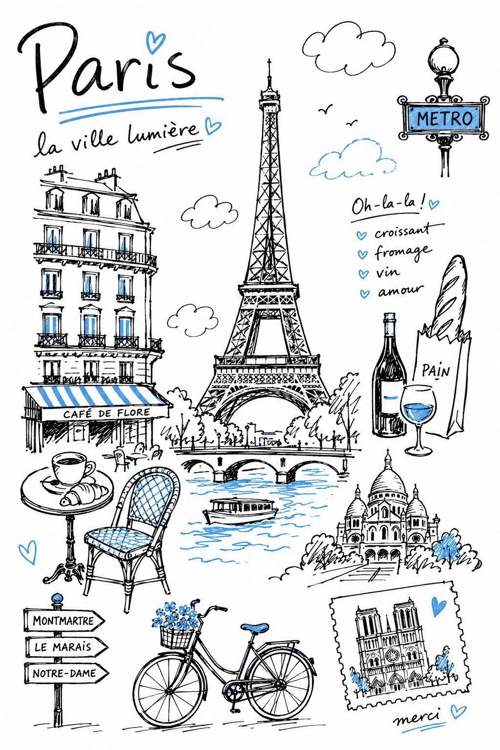 单色点缀旅行手账插画 - AI生成效果图