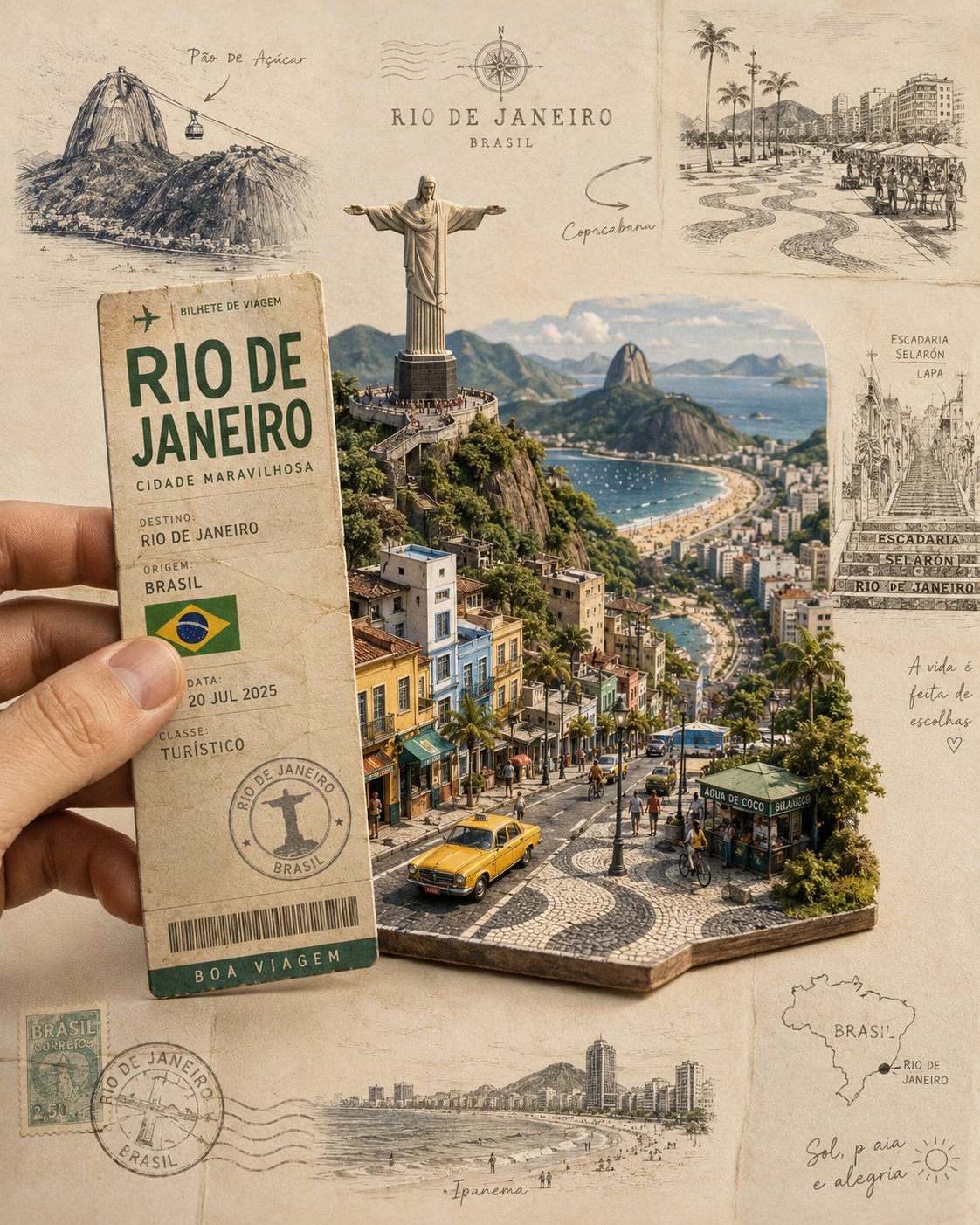 Rio 旅行票据纸雕立体海报 - AI生成效果图