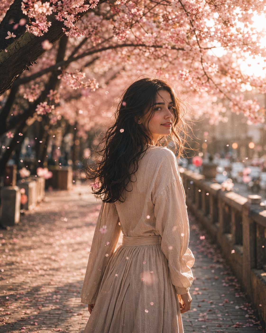 春日樱花回眸电影人像 - AI生成效果图